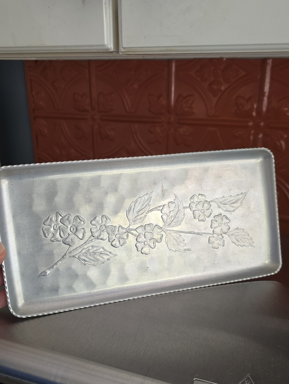 Aluminum Floral Embossed Serving Tray - Decorative Kitchen Accent